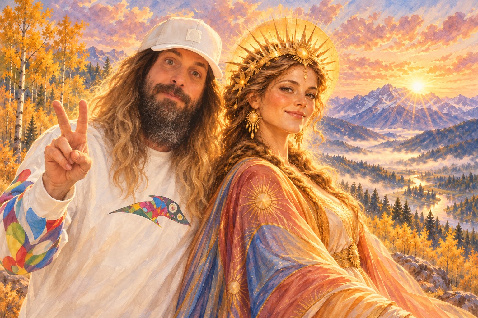 A painting of Scott Paul and Zora Rae deSole side by side at sunrise above a misty river valley